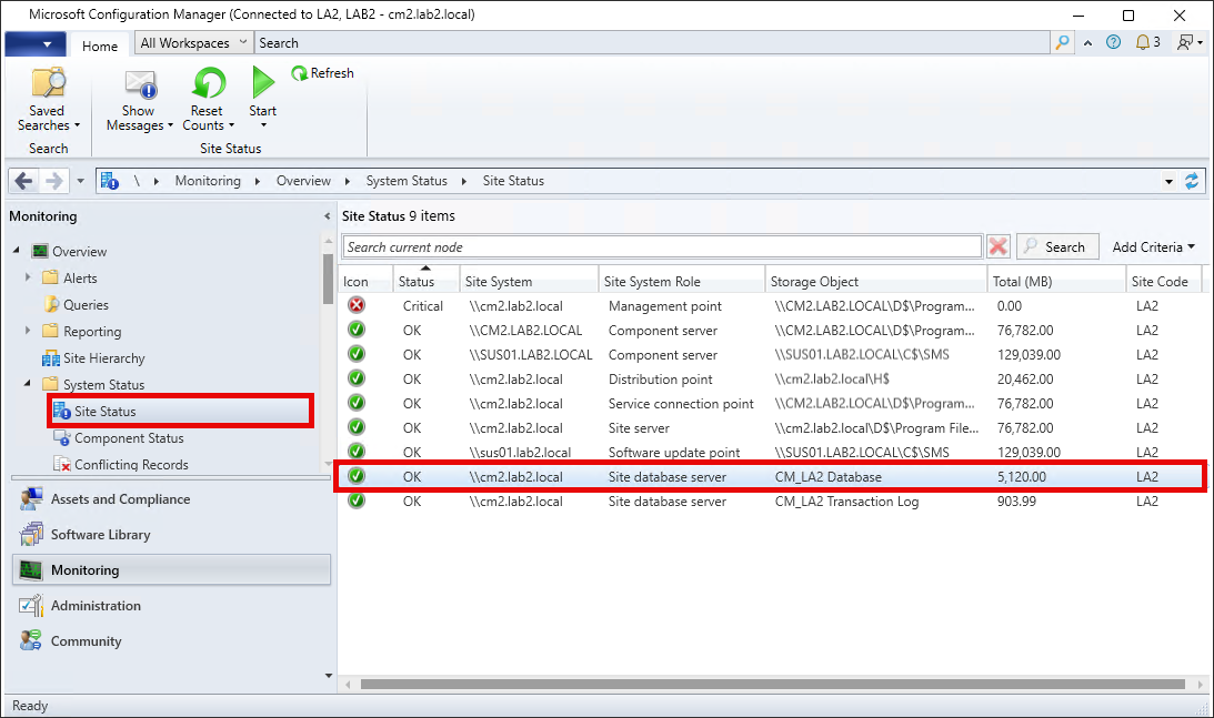 Administration > Monitoring > System Status > Site Status