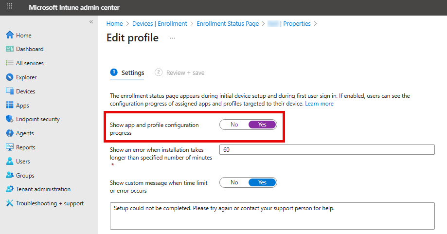 Show app and profile configuration progress
