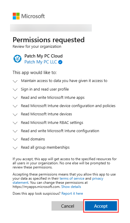 'Permission requested' screen