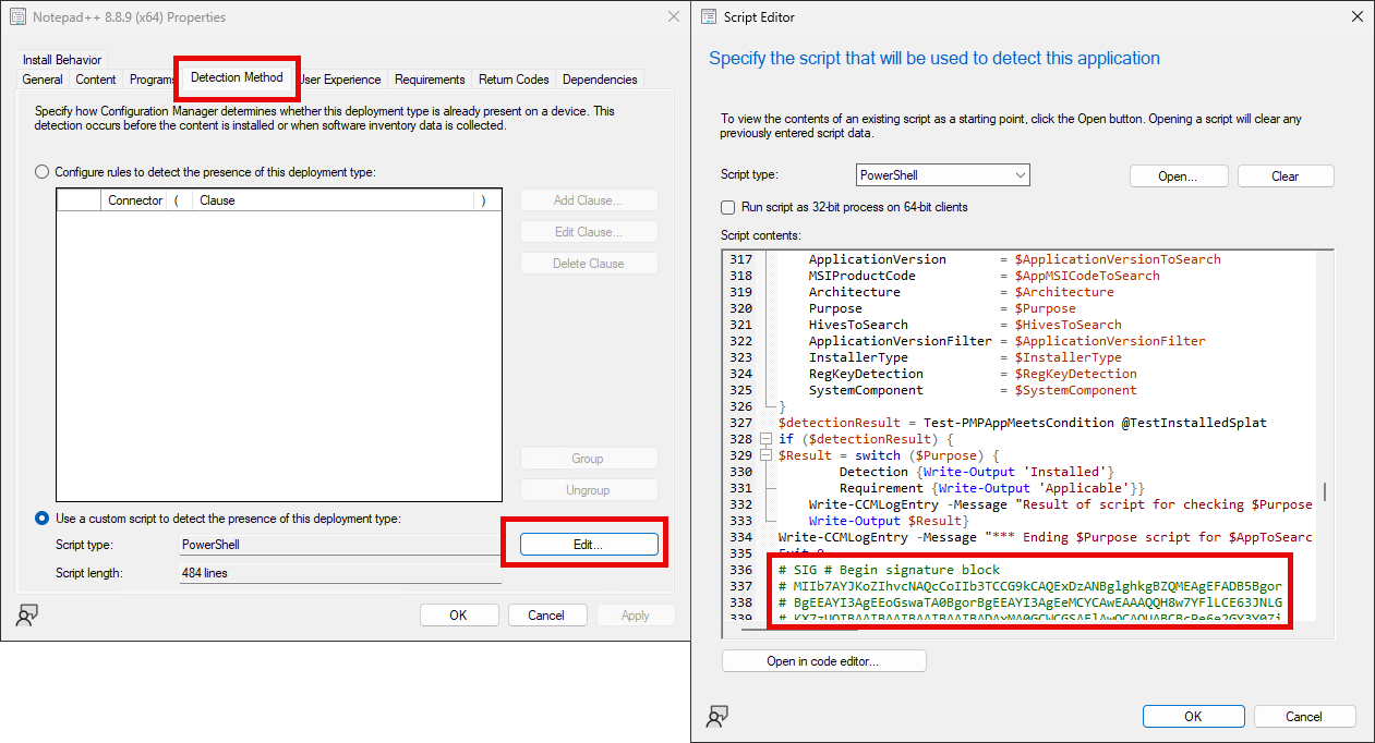 Code sign the PowerShell detection method script using the WSUS signing certificate