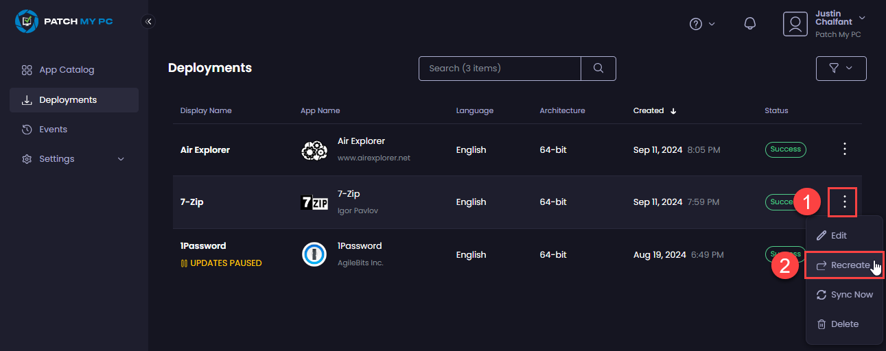Clicking the ellipsis beside a deployment and selecting “Recreate”