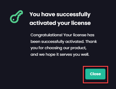 'You have successfully activated your license'  screen