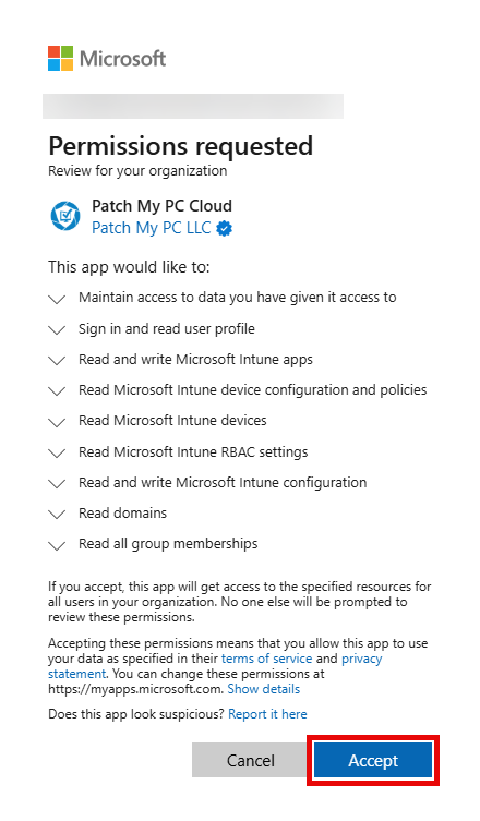 Clicking 'Accept' on the 'Permissions requested' screen