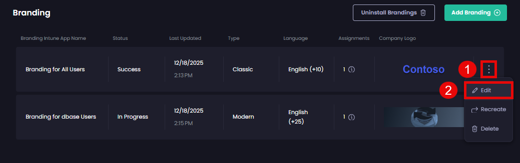Clicking the ellipsis (⋮) button beside the relevant branding app and selecting the action you want to perform: