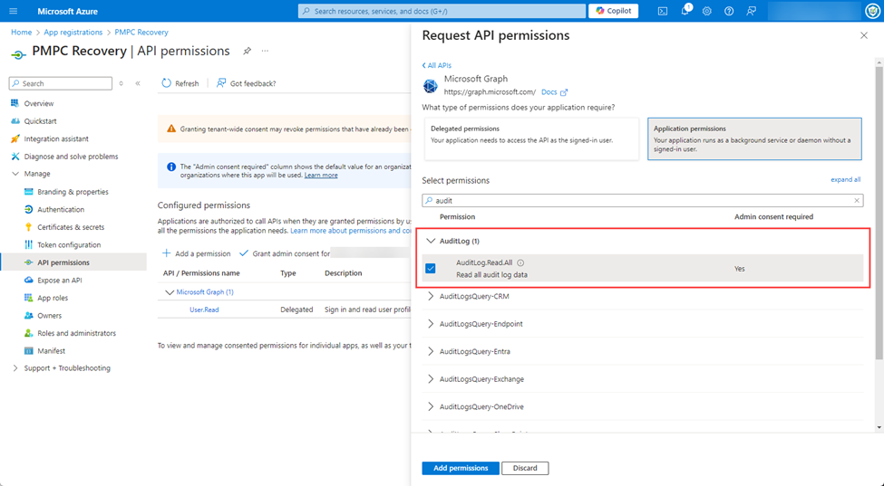 Checking the 'AuditLog.Read.All' permission checkbox