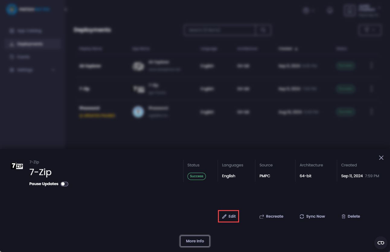 Clicking "Edit" on the deployment's property page.