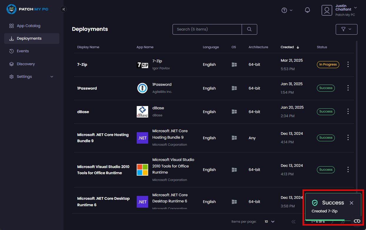 App Catalog is redisplayed along with the "Success - Created <deployment_name>" notification