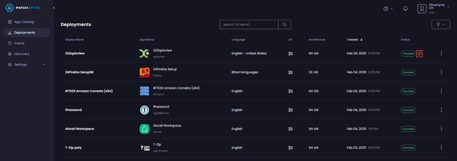 Yellow exclamation mark beside a deployment