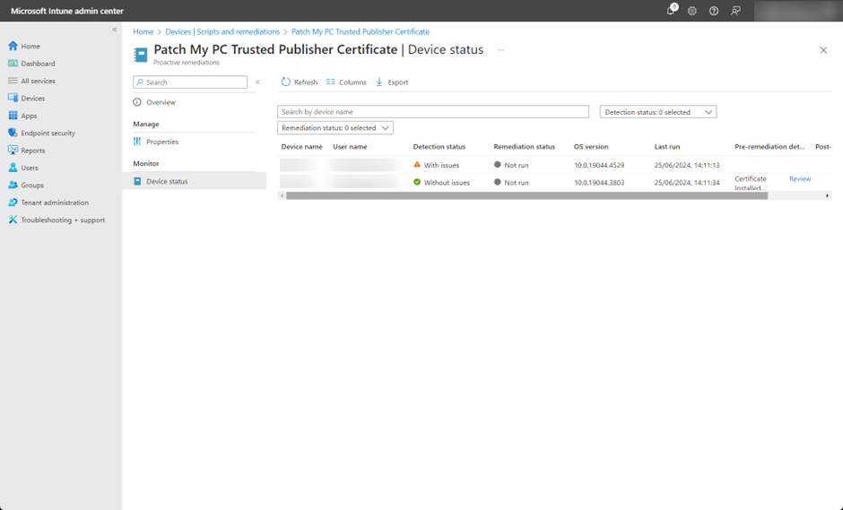 Observing the “Proactive Remediation Device Status” blade.