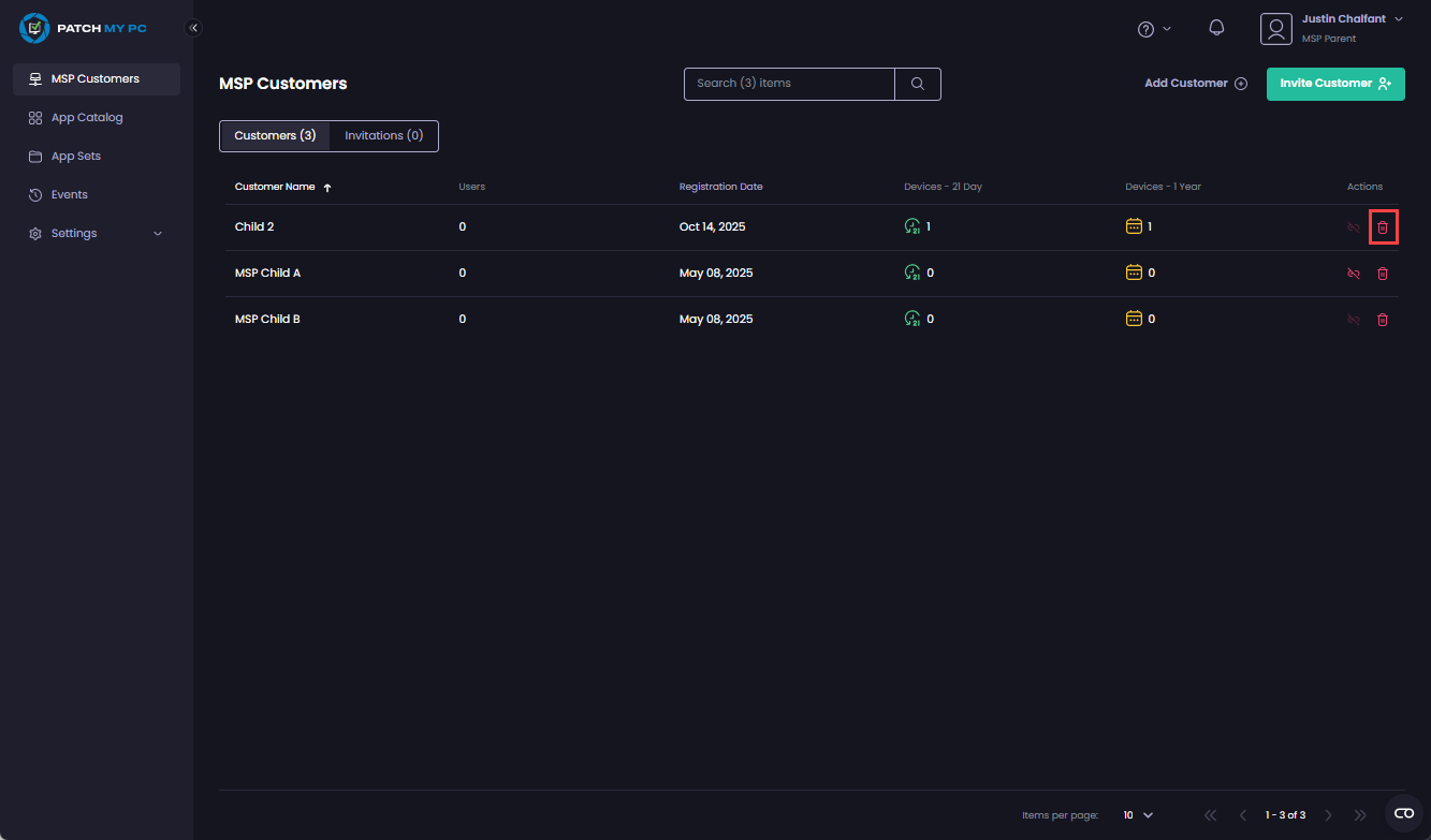 Click the trashcan beside the child company you want to remove