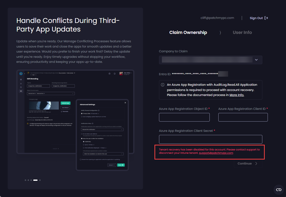 Tenant recovery has been disabled for this account. Please contact support to disconnect your Intune tenant. support@patchmypc.com