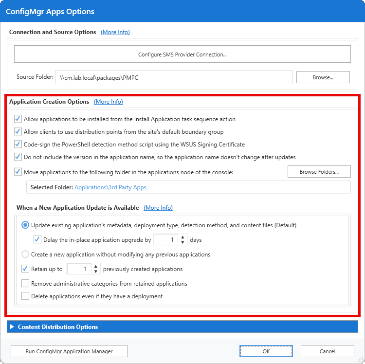 Application Creation Options