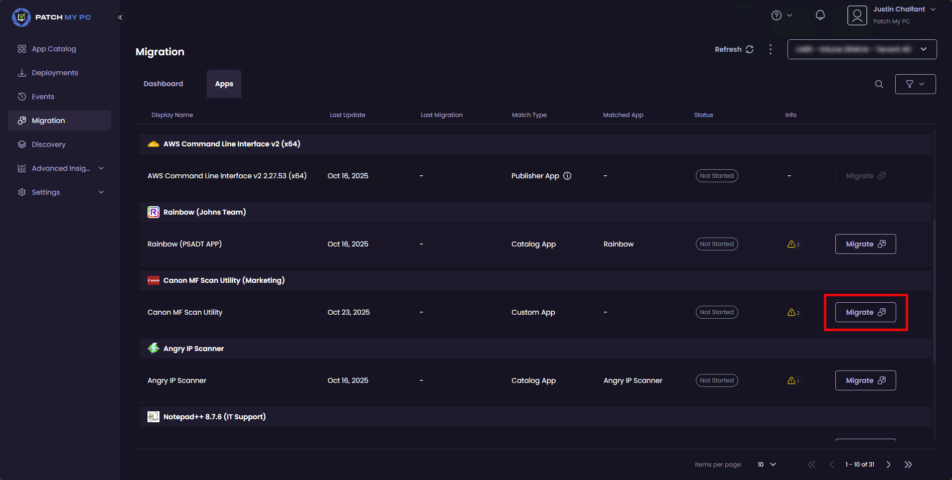Click the Migrate button