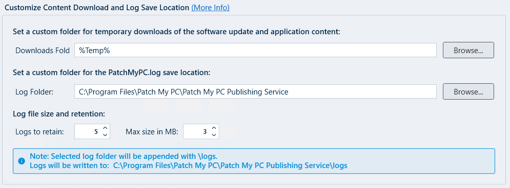 'Customize Content Download and Log Save Location' section