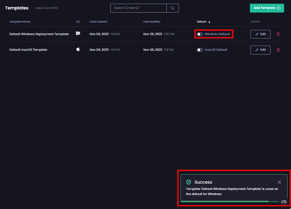 'Success - Template '<template_name>' successfully unset as the default for <platform>' notification