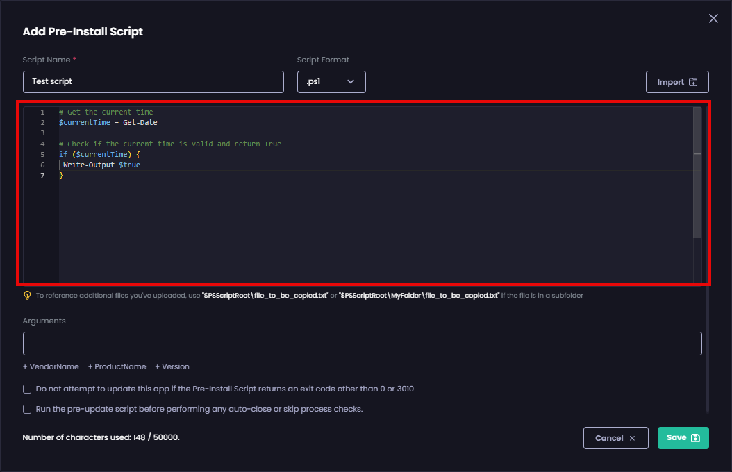 The 'Add Pre-Install Script' page is populated with the imported script.