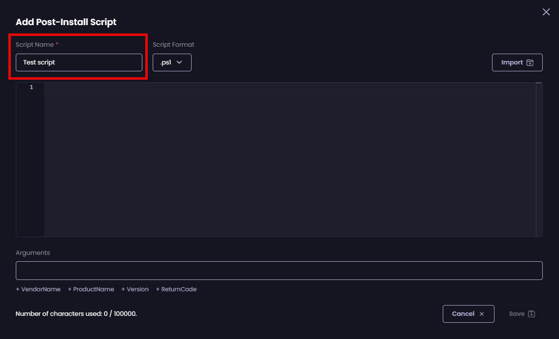 Entering a unique name for the script in the “Script Name” field