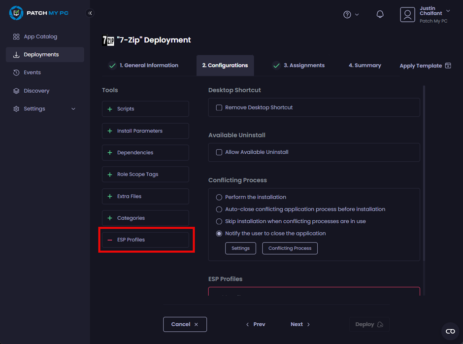 “ESP Profile” tab automatically opened