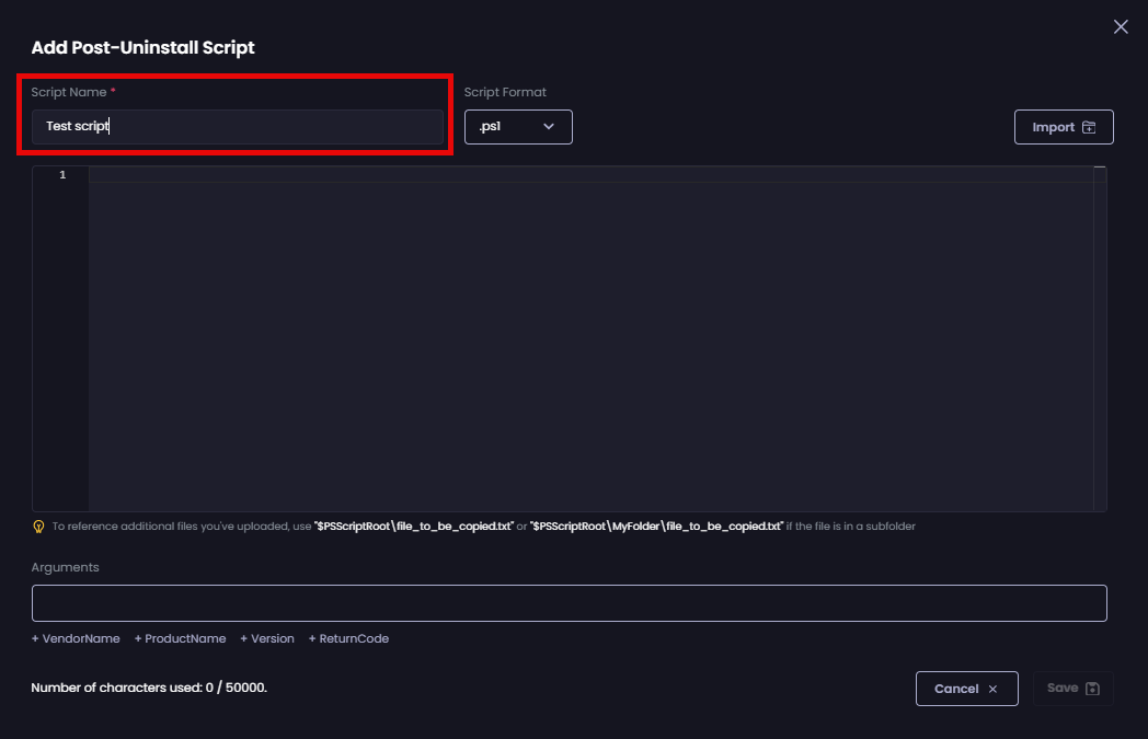 Entering a unique name for the script in the 'Script Name' field