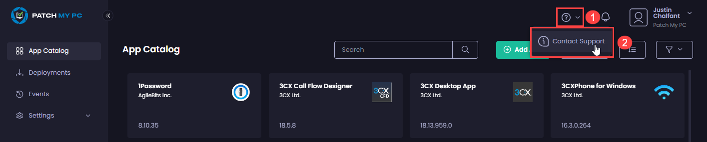 Clicking the question mark and selecting “Contact Support”