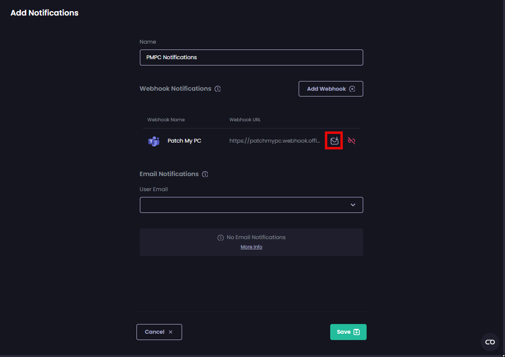 Clicking the small envelope beside the Webhook URL to send a test message.