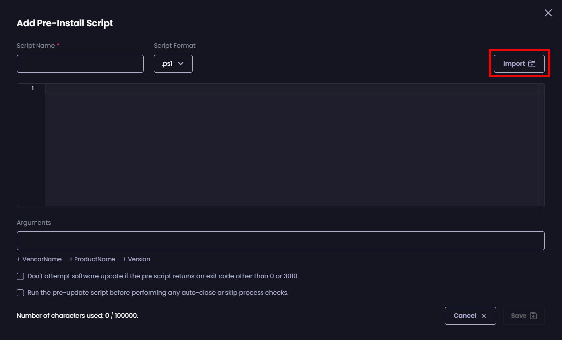 Clicking “Import” to import an existing script