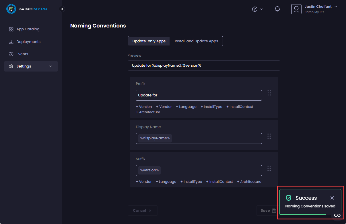 "Success – Naming Conventions saved" notification