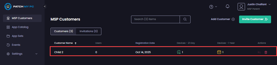The portal refreshes, showing the newly added customer and the Success - Child Customer <customer_name> created notification.