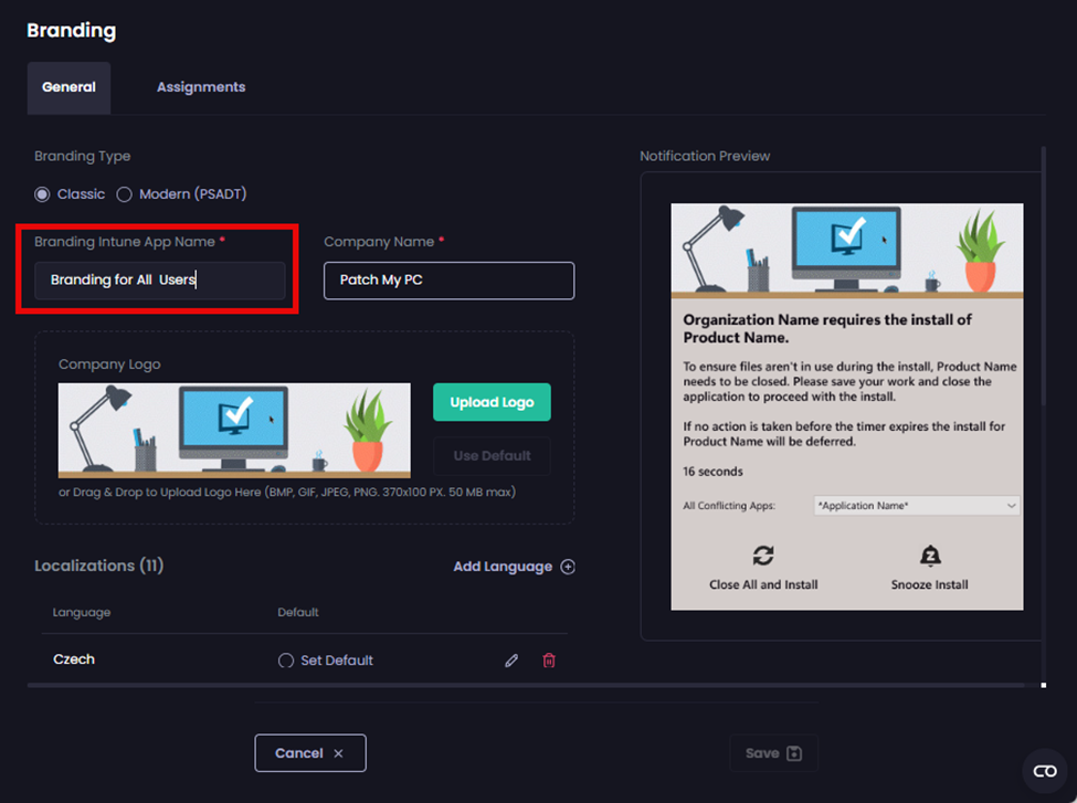Entering the name for the Branding app