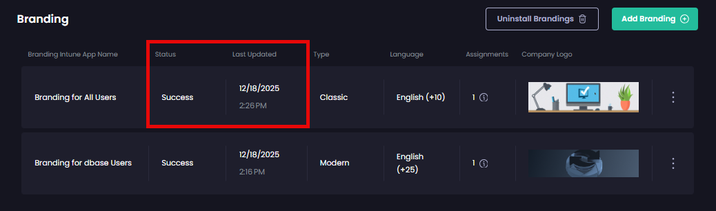 'Status' and 'Last updated' fields updated to show when this branding app was last modified