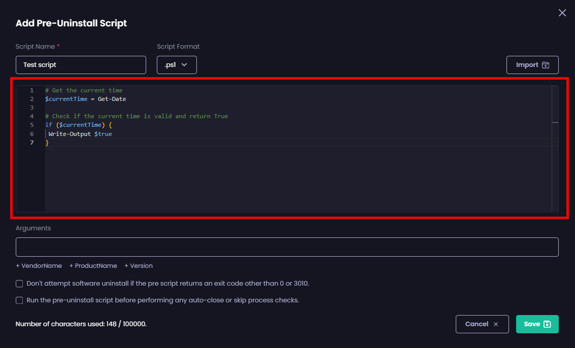 “Add Pre-Uninstall Script” page is populated with the imported script.