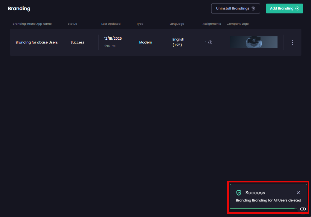 'Success - <branding_app_name> deleted' notification