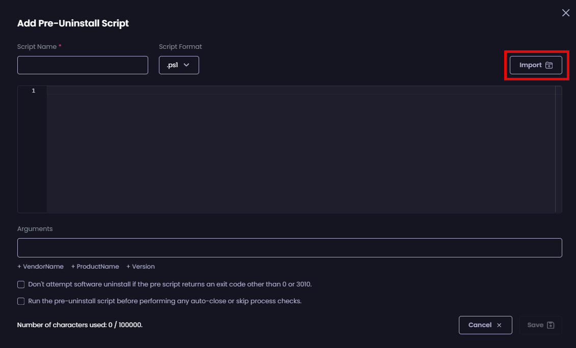 Clicking “Import” to import an existing script
