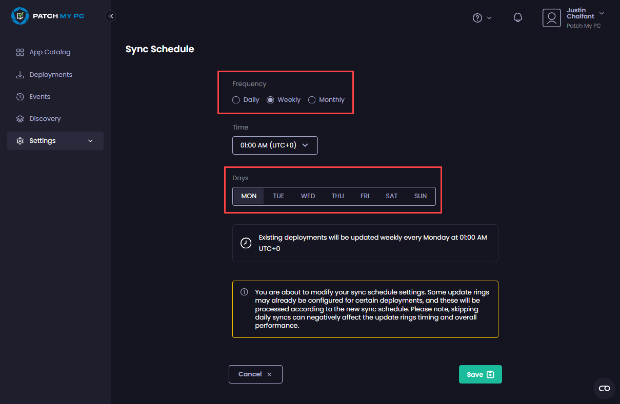 Choosing the “Weekly” option
