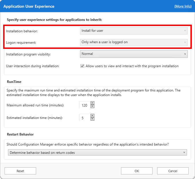 Installation behavior for user context apps