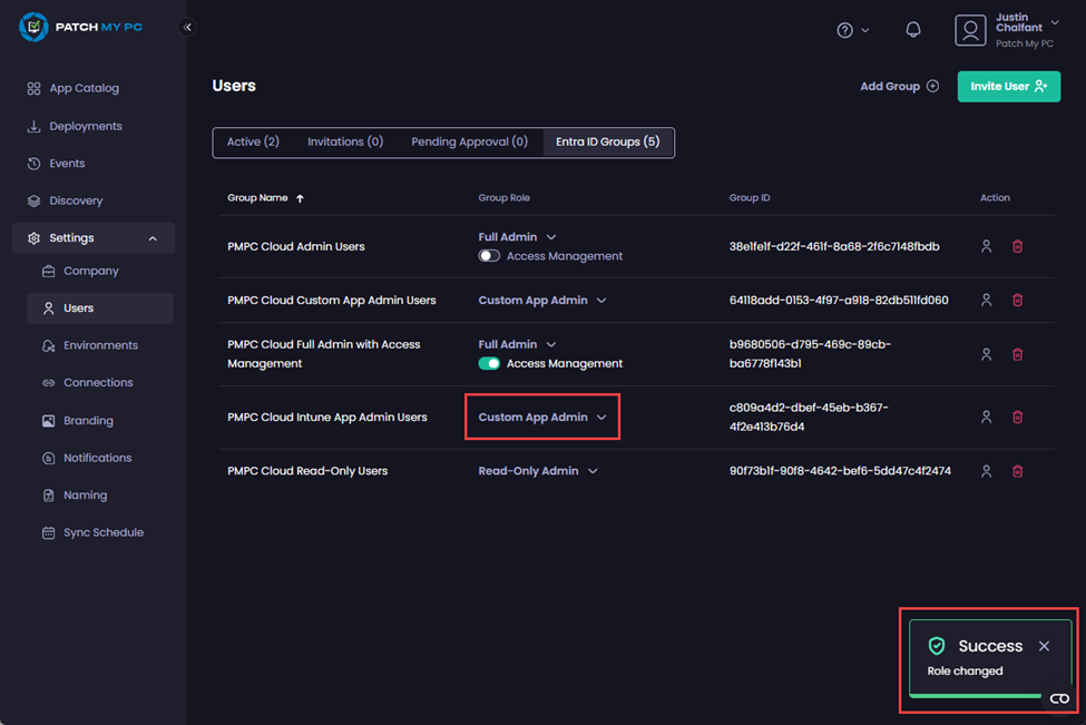 Portal auto-refreshing to show the new role assigned to the group and the “Success – Role changed” notification is shown