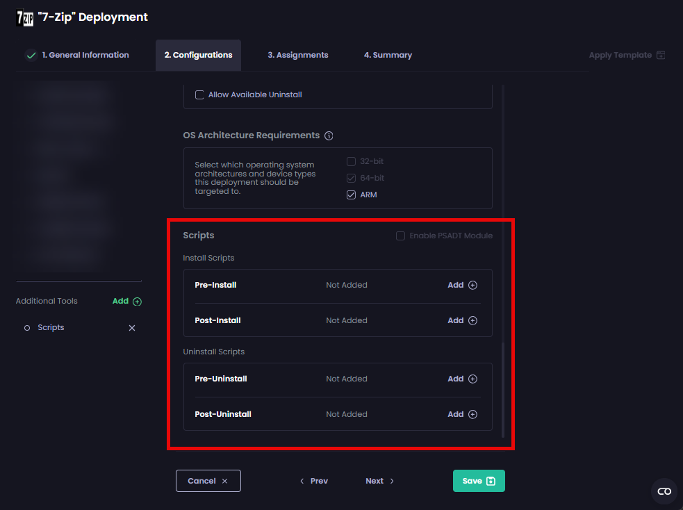 'Scripts' tool settings