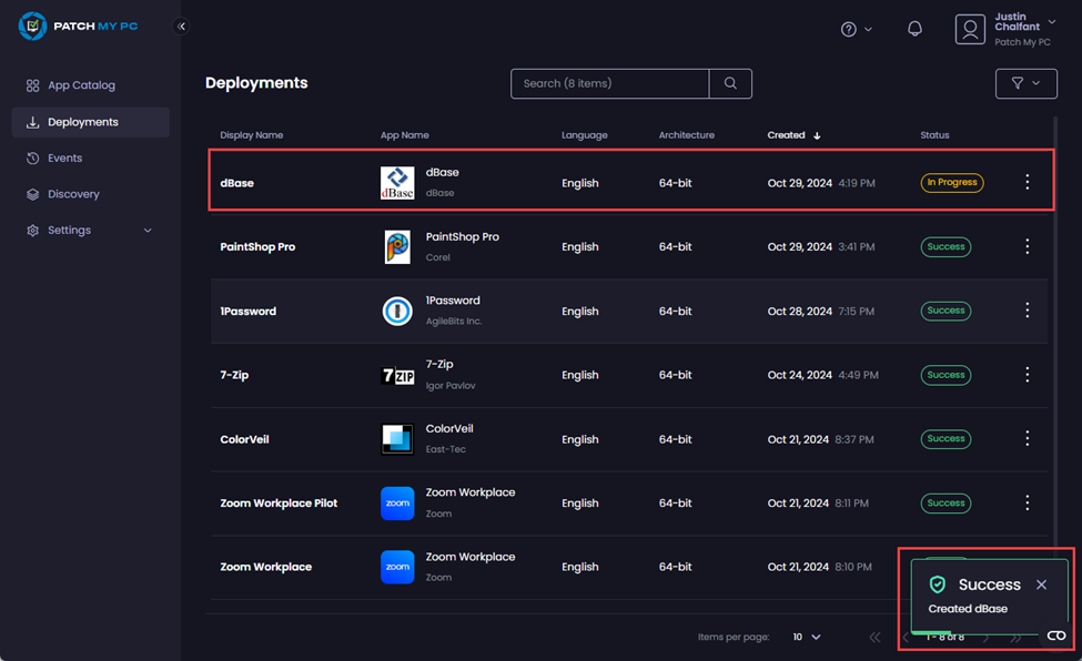 “Deployments” node is displayed along with the “Success – Created <app_name> notification