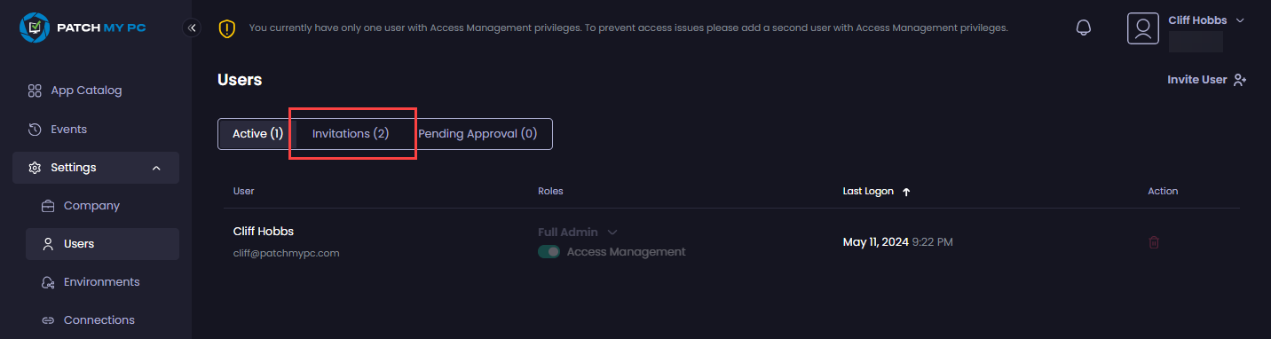 Clicking the “Invitations” tab on the “Users” screen