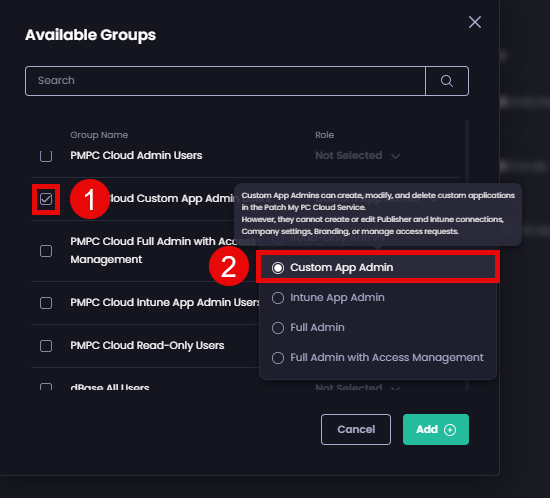 Selecting the relevant Entra ID group to add and which role it will be assigned in PMPC Cloud