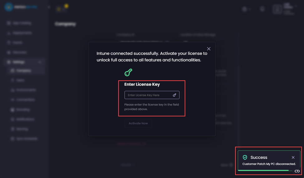 Prompt to enter a non-MSP+ license key on the child company