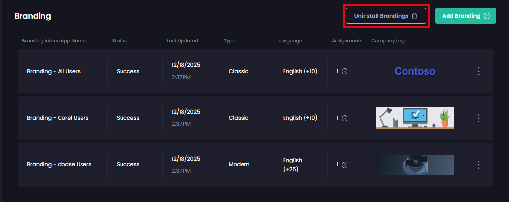 Clicking 'Uninstall Brandings'