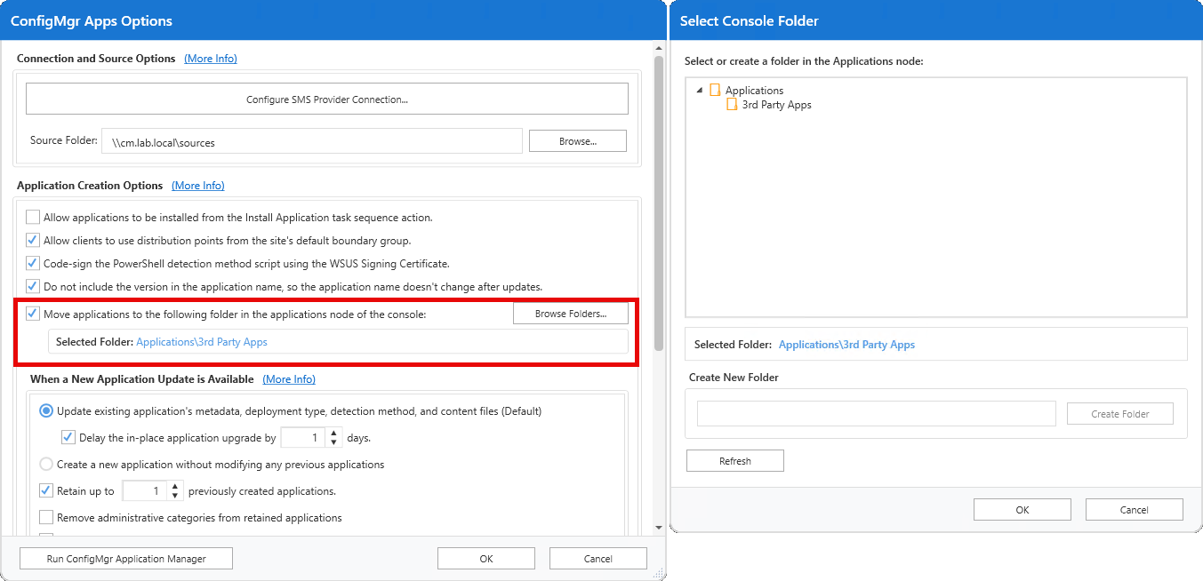 Move applications to the following folder in the applications node of the console