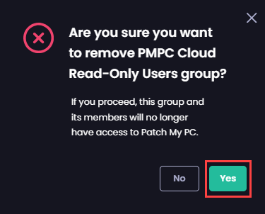 'Are you sure' you want to remove group dialog box