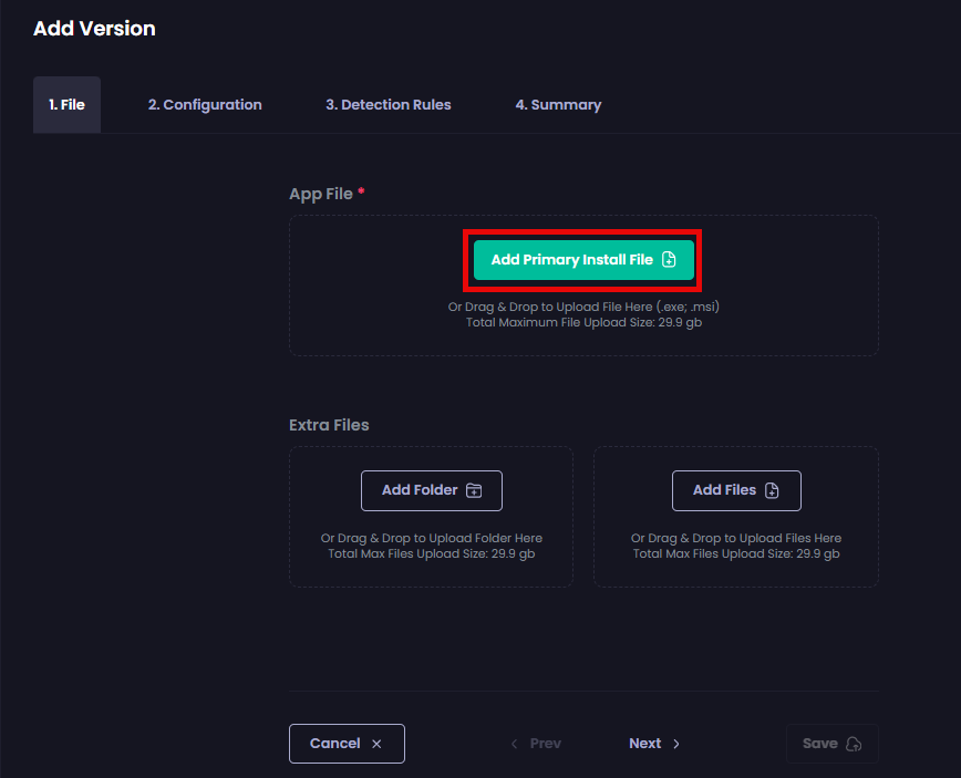 Clicking “Add Primary Install File” on the “Add Version” page 