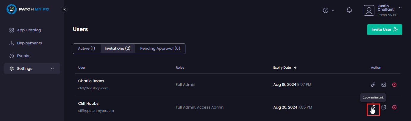 Clicking the “Copy invite link” icon