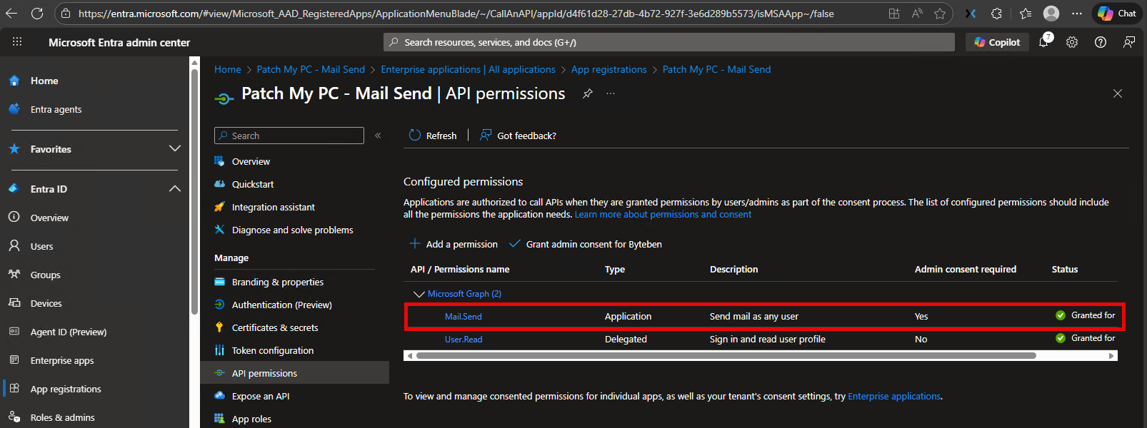 Confirm the Mail.Send permissions has been added and granted
