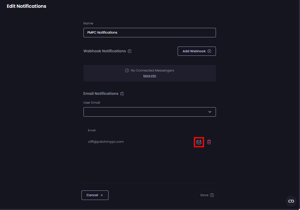 Clicking the small envelope beside any of the email addresses to send them a test message