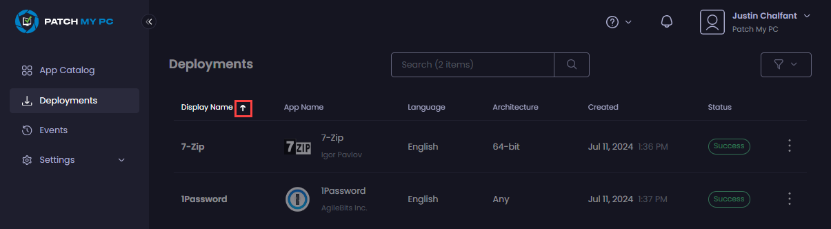 Arrow showing the sort order