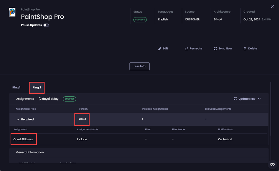 “Ring 2” is still assigned version 2024.1 and assigned to the “Corel All Users” group